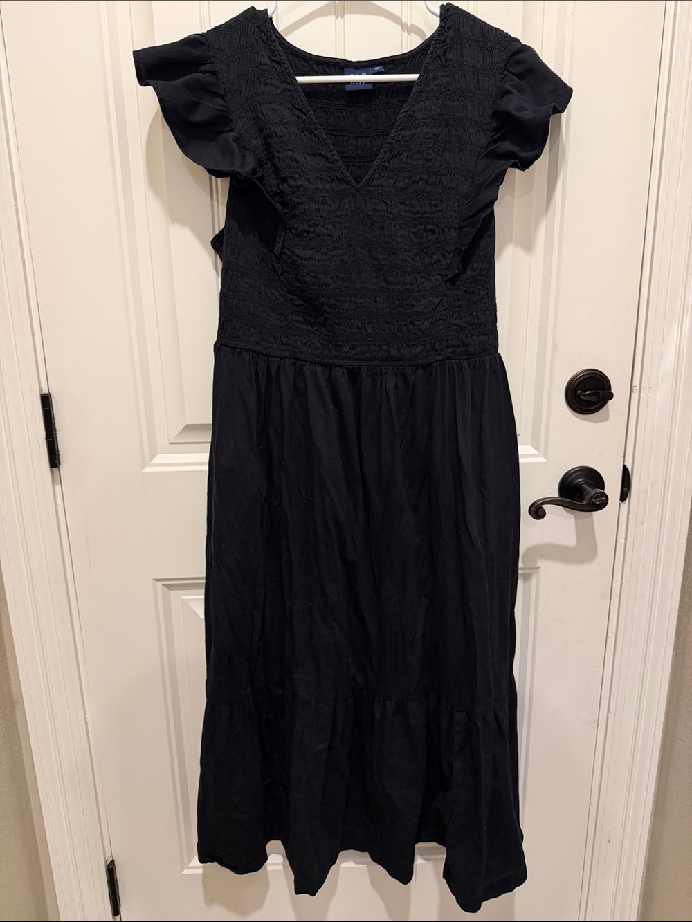 GAP Black V-Neck Smocked maxi Dress with Flutter Sleeves